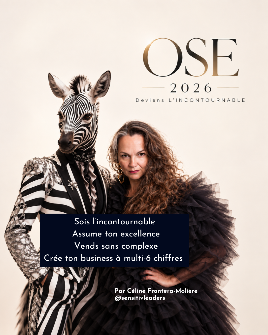 Céline Frontera-Molière aux côtés d'un zèbre en costume rayé — OSE 2026, Deviens l'incontournable